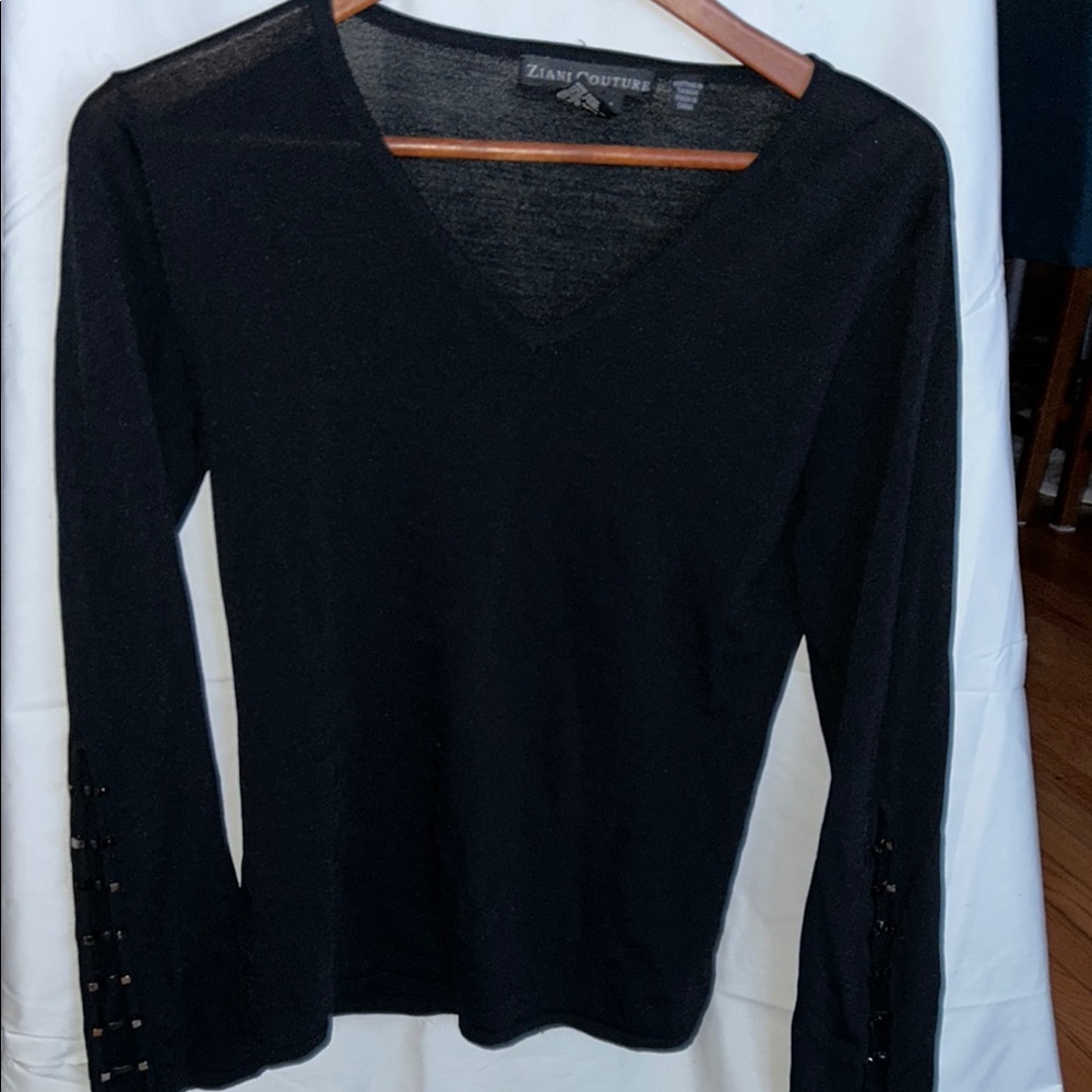 Ziani Couture Black V-Neck Women's Top cutout design sleeves